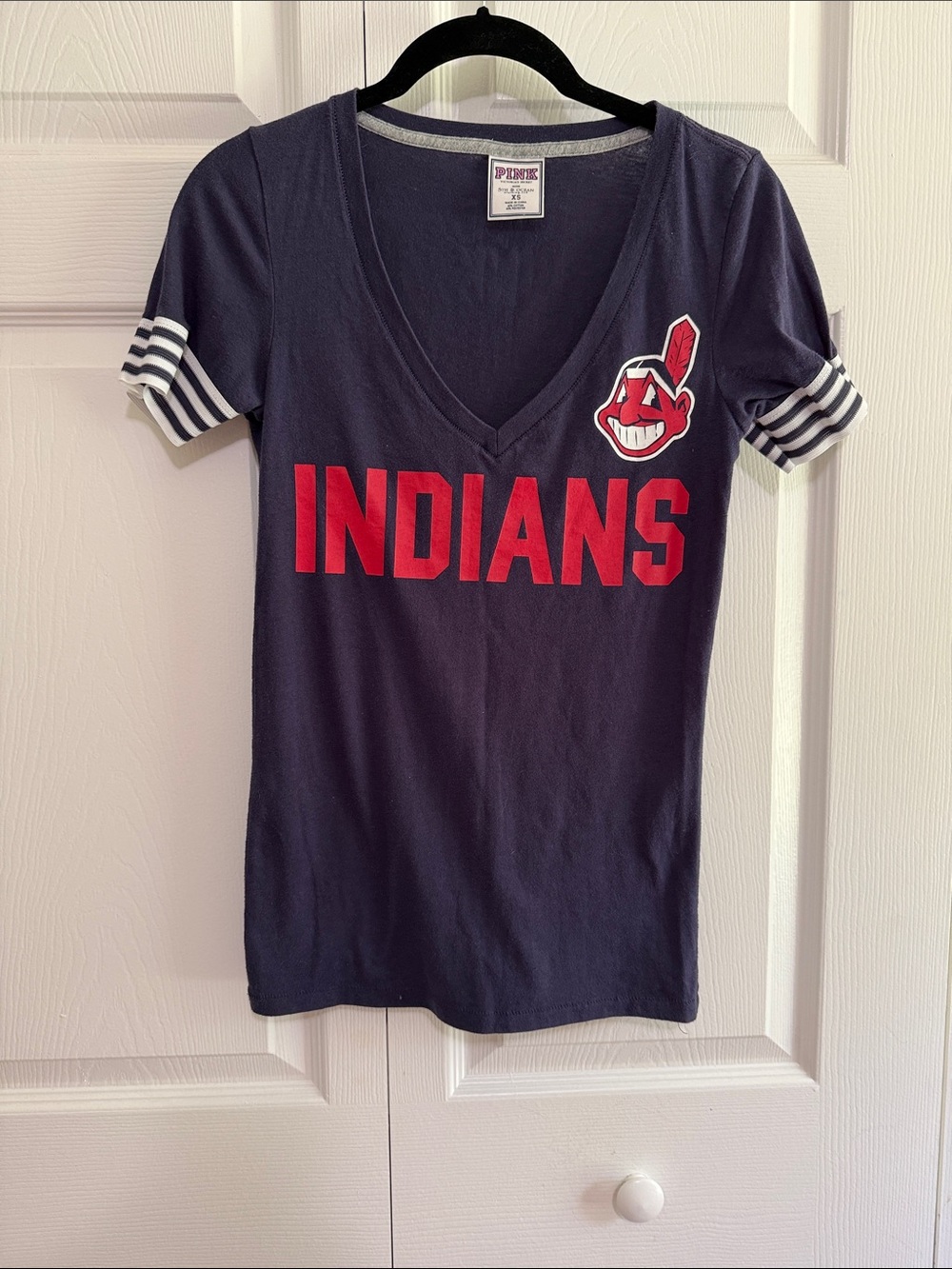 PINK Victoria's Secret Navy 'Indians' V-Neck Tee with Red Logo